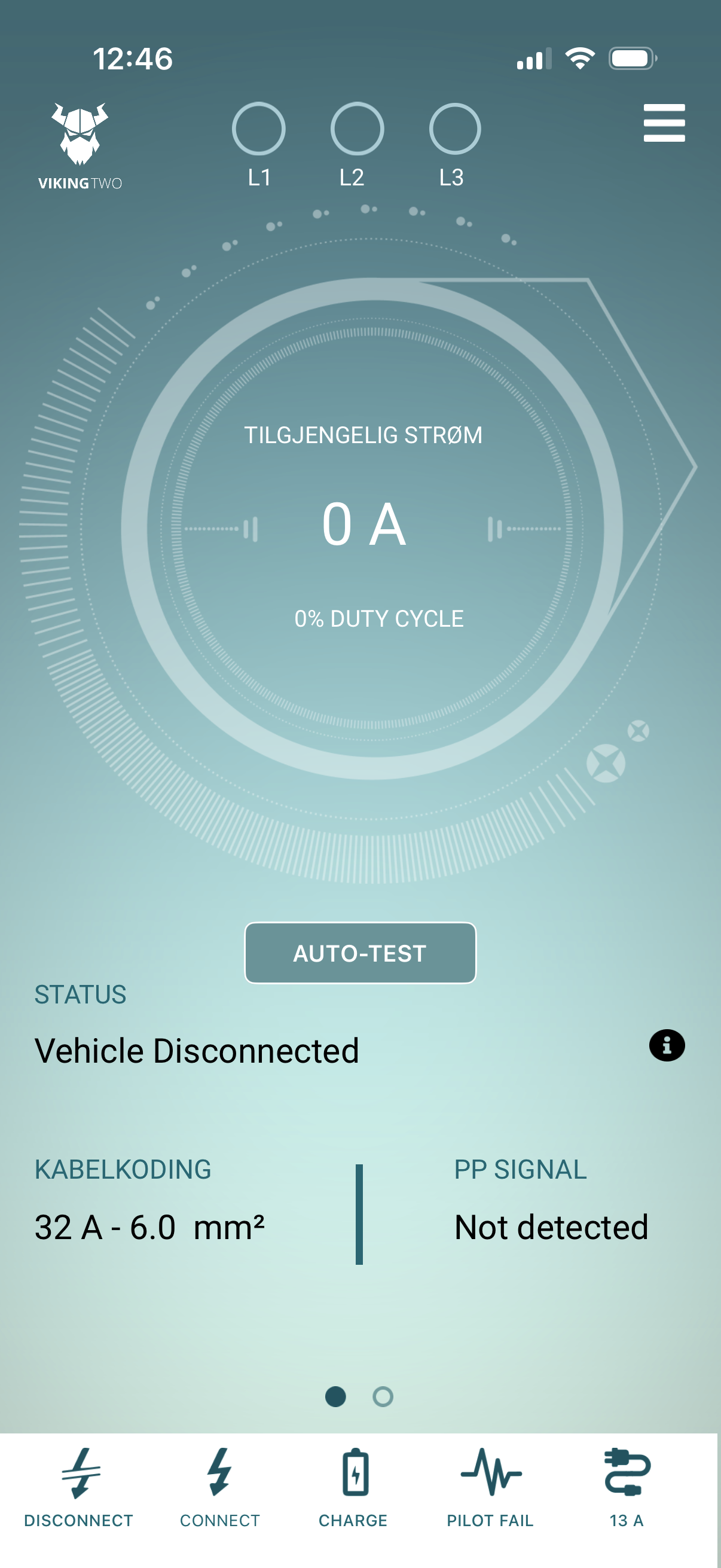 Live screen with available current gauge, phase indicators, status and cable coding