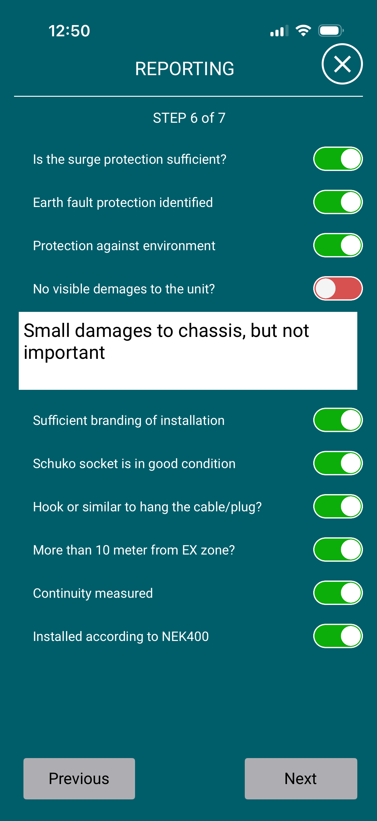 Step 6 – a checklist item switched off, revealing a comment field